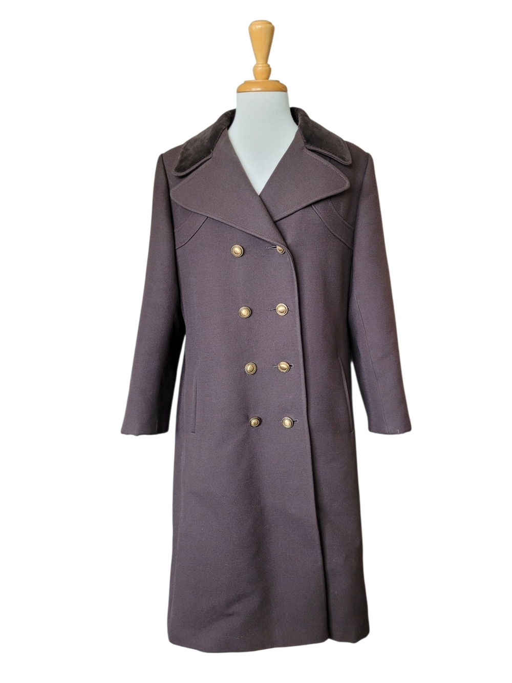 Vintage Vernon Double-Breasted Long Coat Velver Collar Chocolate Brown Large